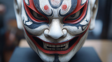 Close-up of the face of a Japanese robot in a museumの素材