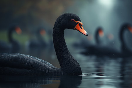 Black swan swimming in the lake. 3d render illustration.の素材