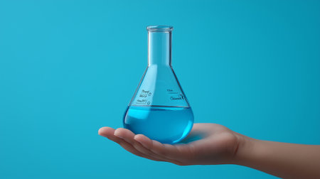Laboratory glassware with blue liquid in human hand on blue backgroundの素材