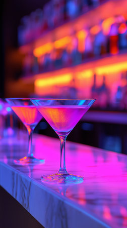 Martini glasses on bar counter in night club, shallow depth of fieldの素材