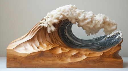 Wooden sculpture with white clouds on gray background. 3D renderingの素材