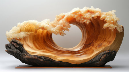 3d render of abstract geometric shape made of natural wood with lighting effectの素材