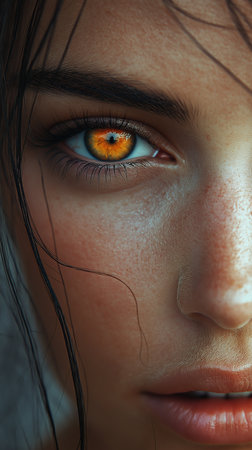 Close-up portrait of a beautiful young woman with orange eyes.の素材