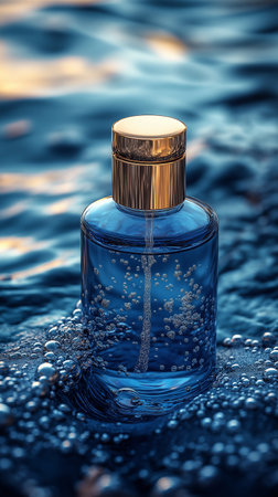 Blue glass bottle of perfume on water surface with drops. 3d illustrationの素材
