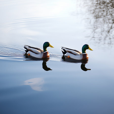 Mallard ducks swimming on a lake in a sunny day.の素材