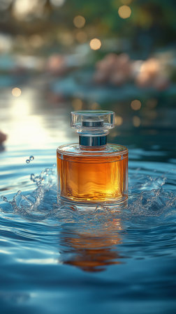 Perfume bottle with splashes on water surface, closeupの素材