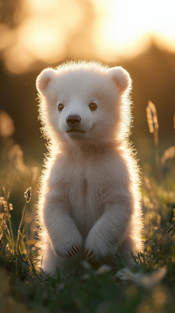 Polar bear cub in the field at sunset. Polar bear puppyの素材