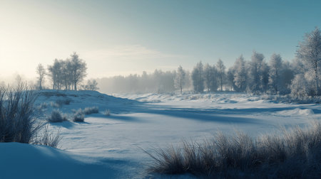 Foggy winter landscape with frosty trees and blue sky.の素材