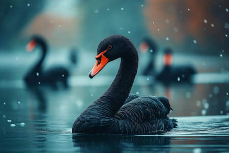 Black swan swimming in a lake with snowfall in the backgroundの素材