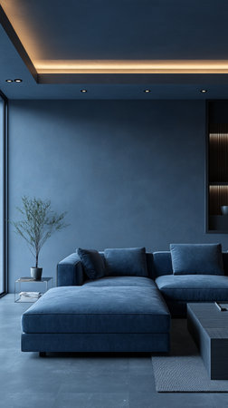 interior of modern living room with blue sofa, 3d renderの素材