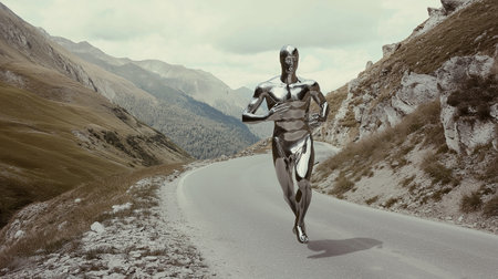 Cyborg running on a road in the mountains. 3d renderingの素材