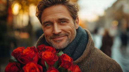 Portrait of a handsome mature man with a bouquet of red roses.の素材
