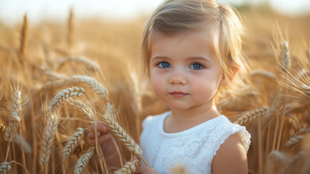 Cute little girl in a wheat field. Selective focus.の素材
