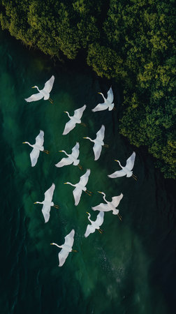 Aerial view of a flock of white heron on the lakeの素材