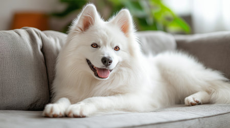 Cute Samoyed dog lying on sofa at home, closeupの素材