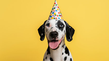 Cute dalmatian dog with birthday hat on yellow backgroundの素材