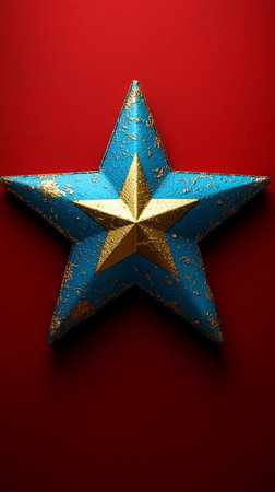 Blue star on red background. Christmas greeting card. Top view.の素材
