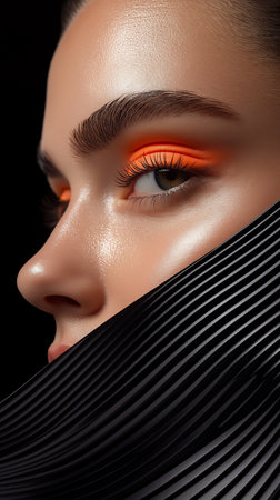 Close-up portrait of a beautiful young woman with an orange make-upの素材