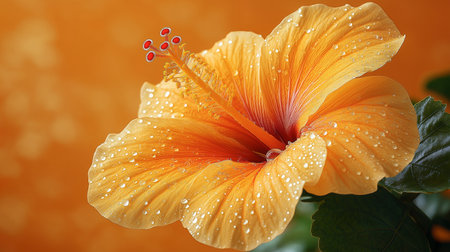 Orange hibiscus flower with water drops on yellow background.の素材