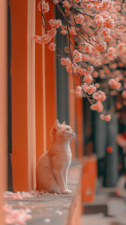 Cute cat sitting on the terrace with sakura flowers.の素材