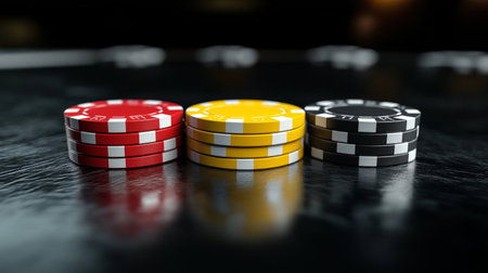 Colorful casino chips on the table. 3D illustration. Selective focus.の素材