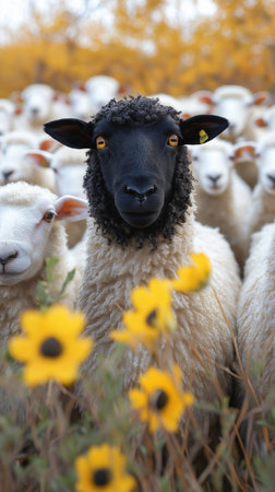 Sheep in the meadow with yellow flowers in the fall.の素材
