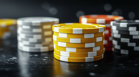Stack of casino chips on dark background. 3d rendering, 3d illustration.の素材