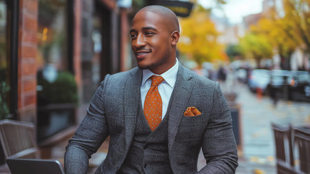 Portrait of handsome african american businessman with laptop in cityの素材