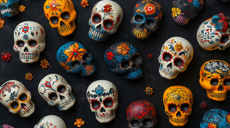 Day of the Dead Sugar Skulls with floral pattern on black backgroundの素材