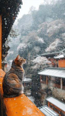 A cat is sitting on the balcony of a Japanese house in winterの素材