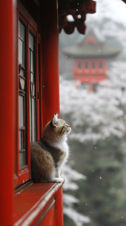 The cat is sitting on the window of a Japanese temple in winterの素材