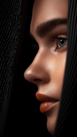 Portrait of a beautiful young woman with long eyelashes on black backgroundの素材