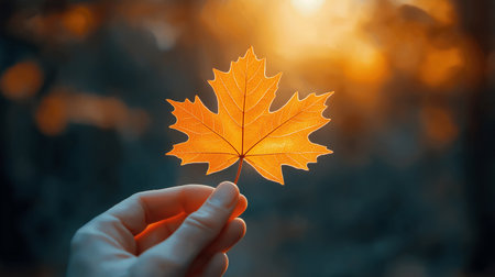 Autumn maple leaf in woman's hand on blurred background. Autumn conceptの素材