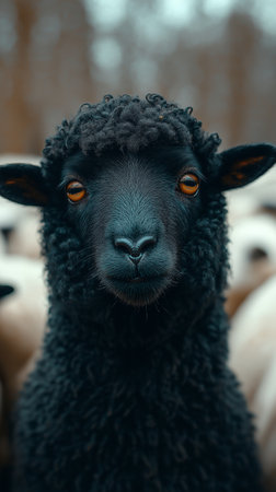 Black sheep in a flock of sheep. Close-up portrait.の素材