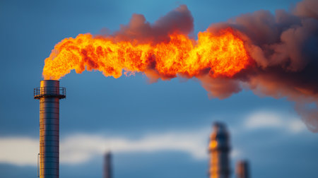 Air pollution from petrochemical plant chimney on blue sky backgroundの素材