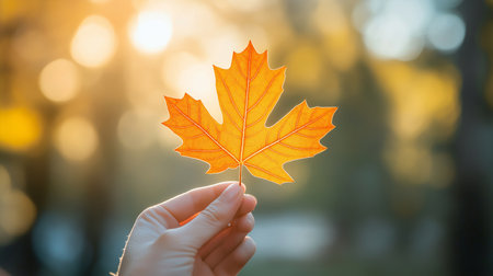 Maple leaf in hand on blurred background. Autumn season concept.の素材