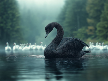 Black swan on the lake in the fog. 3d renderの素材