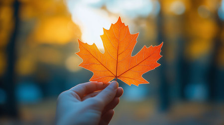 Autumn maple leaf in woman hand on blurred background. Selective focus.の素材