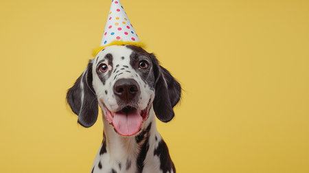 funny dachshund dog with birthday hat on yellow backgroundの素材