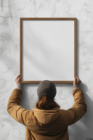 back view of young woman with blank picture frame on concrete wall backgroundの素材