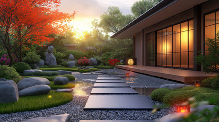3d rendering of modern cozy house in chinese style with garage. Sunset.の素材