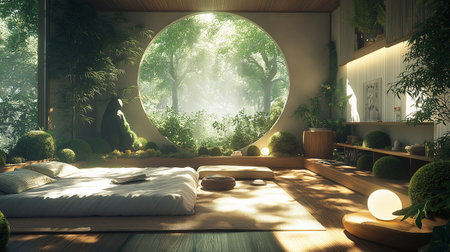3D rendering of a modern bedroom interior with a round mirror on the wallの素材