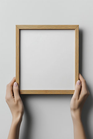 Close up of hands holding wooden frame on grey background. Mock up, 3D Renderingの素材