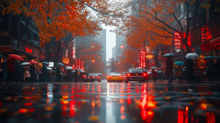 People walking on a rainy street in Manhattan, NYC.の素材