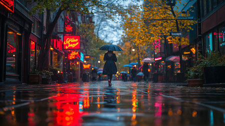 A girl with an umbrella walks along a rainy street in London.の素材