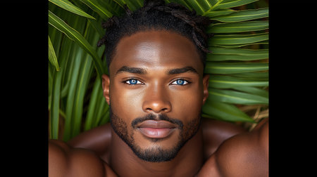 Handsome african american man looking at camera while lying in palm leavesの素材
