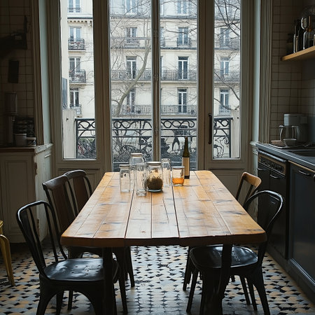 Interior of a modern dining room with wooden table and chairs.の素材