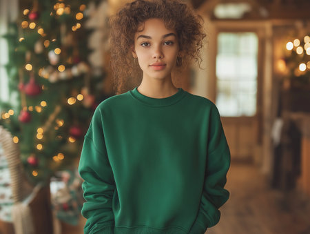 Portrait of a beautiful young African American woman in a green sweater against the background of a Christmas tree.の素材