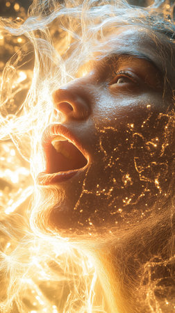 Portrait of a beautiful woman with long hair and magic light on her faceの素材