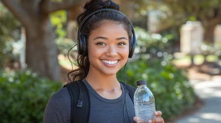 Portrait of smiling young woman holding bottle of water in the parkの素材